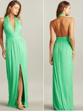 Sho by Tadashi Shoji Sasha Green Sequins Halter V-Neck Maxi Dress